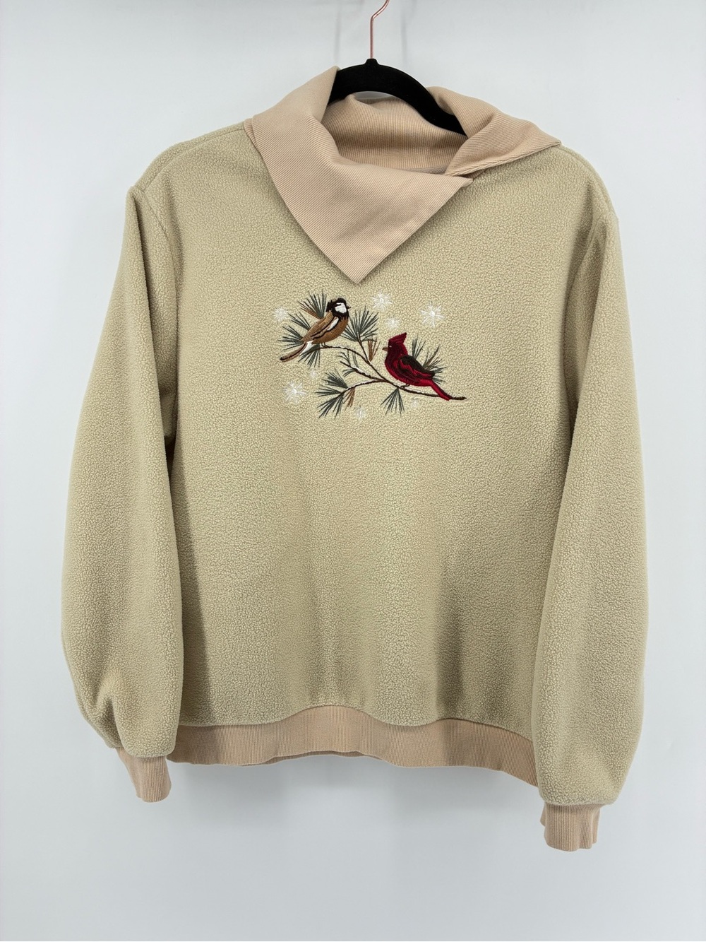 Beige Fleece Sweater with Cardinal Embroidery